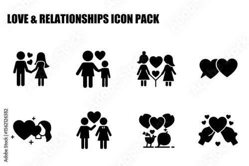 Love and relationships icon set featuring diverse couples and families in various poses. Simple, stylized figures in a variety of relationships, with hearts and other symbols.