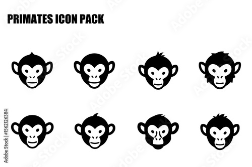 Primate icon pack of various monkey headshots in a simplistic, black and white design. Collection of icons showcasing diverse monkey types in a neutral background.