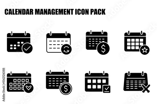 Calendar management icons with various actions in a simple, flat design. Calendar icons depicting different functions for a calendar management application.
