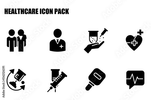Healthcare icon pack depicting various medical procedures and personnel in a simple, stylized format. Icons for medical professionals, health procedures, and health care tools.