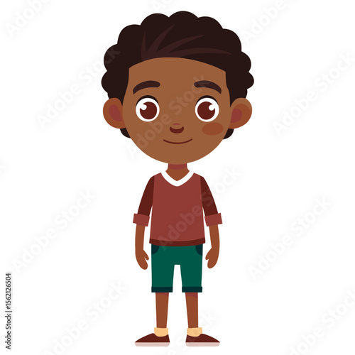 boy, dark skin boy, brunette hair boy, neutral expression, calm child, full body boy, full-length boy, standing boy, African boy, cartoon boy, child character, white background, flat design, boy avata
