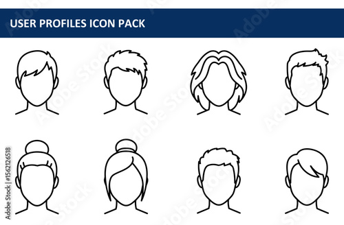 User profile icons featuring various hairstyles for male and female demographics in a simple, outline design.