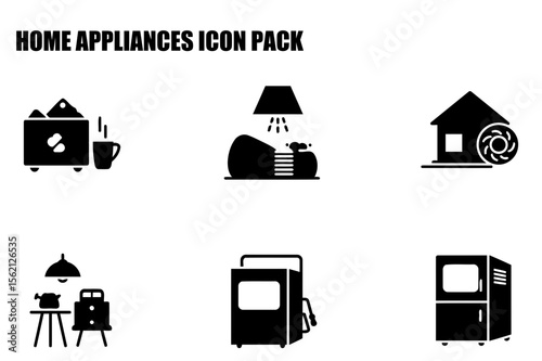 Home appliances icon pack depicting various household items. Black and white illustrations of everyday appliances.