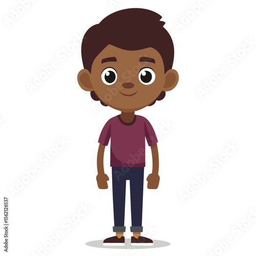 boy, dark skin boy, brunette hair boy, neutral expression, calm child, full body boy, full-length boy, standing boy, African boy, cartoon boy, child character, white background, flat design, boy avata