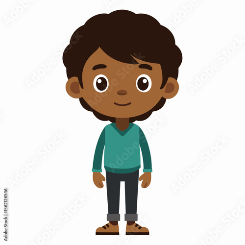 boy, dark skin boy, brunette hair boy, neutral expression, calm child, full body boy, full-length boy, standing boy, African boy, cartoon boy, child character, white background, flat design, boy avata