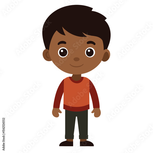 boy, dark skin boy, brunette hair boy, neutral expression, calm child, full body boy, full-length boy, standing boy, African boy, cartoon boy, child character, white background, flat design, boy avata