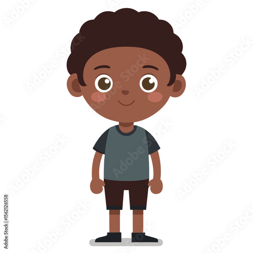 boy, dark skin boy, brunette hair boy, neutral expression, calm child, full body boy, full-length boy, standing boy, African boy, cartoon boy, child character, white background, flat design, boy avata