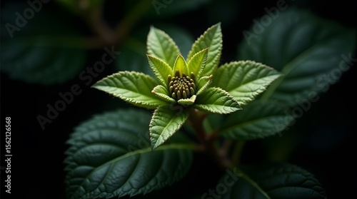 A macro shot of a fresh green plant bud, symbolizing new life, growth, and the beginning of spring. A clean and hopeful nature concept.