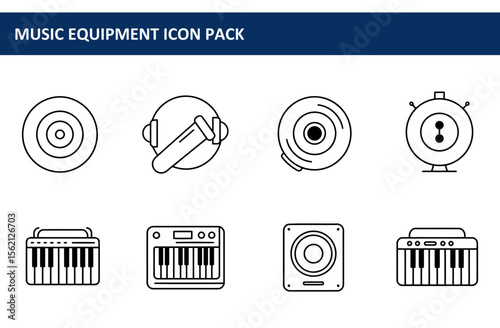 Music equipment icons in a line art style. Outline illustrations of a vinyl record, headphones, a speaker, and a synthesizer.