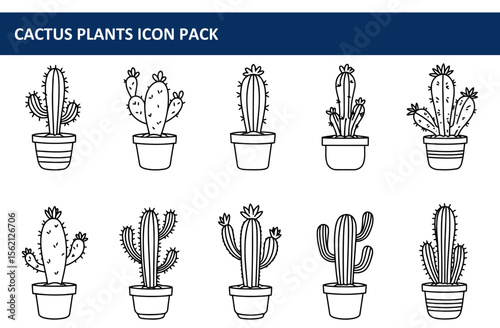 Cactus plants in various styles displayed in simple line art illustrations in flower pots. Collection of decorative desert plant icons for graphic design use.