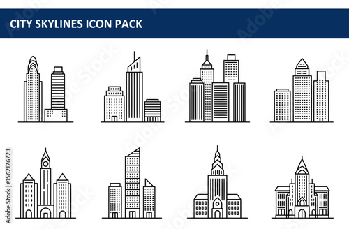 City skylines of various American cities in line art style. Simple graphic representations of iconic skyscrapers and buildings displayed against a plain white background.