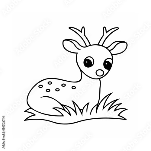 A cartoon deer with antlers sitting in grass on a animal outline