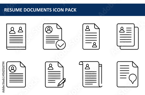 Resume documents icon pack showing various stages of the resume lifecycle. A collection of outline icons representing resume documents in different formats and states.
