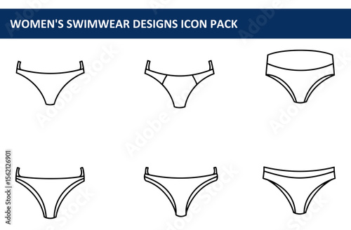 Women's swimwear designs, various styles, graphic illustrations in a simple, clean vector format. Diverse swimsuit designs for fashion or design illustration.