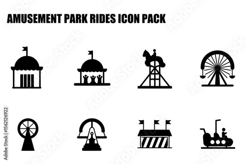 Amusement park ride icons in silhouette design showing various rides and attractions. Black and white simplified illustrations of a carousel, Ferris wheel, roller coaster, and more, in a flat design.