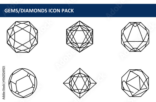 Gem cut diagrams showcasing various diamond shapes in a graphic design layout. Geometric representations of precious stone cuts against a plain background.