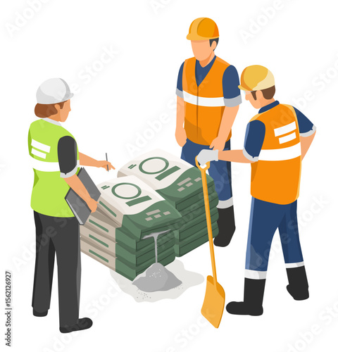 Construction supervisors inspecting cement materials to ensure efficient use and quality control at the worksite 