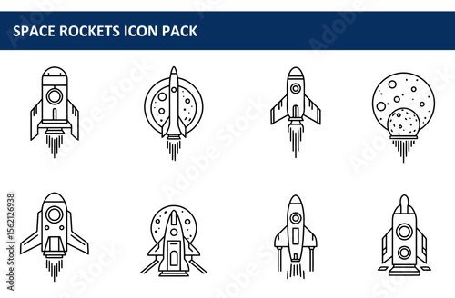 Space rocket icon set illustration in a minimalist design. Various rockets in launch position with celestial background elements.