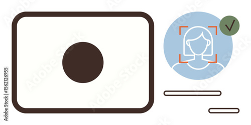 Camera lens scanning a face with facial recognition frame, verified checkmark, and data indicators. Ideal for security, authentication, AI, technology, identification, privacy digital
