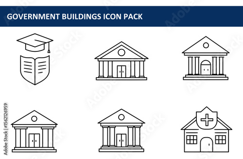 Government buildings icon pack. Outline style illustrations of various government buildings with a simple, clean aesthetic.