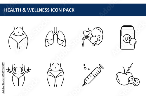 Health & Wellness Icons depicting various body parts and medical supplies. Simple line art illustrations of female body parts, lungs, digestive system, vitamins, injection and apple with vitamins.