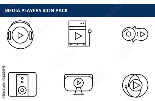 Line art icons representing various media players in a general setting.