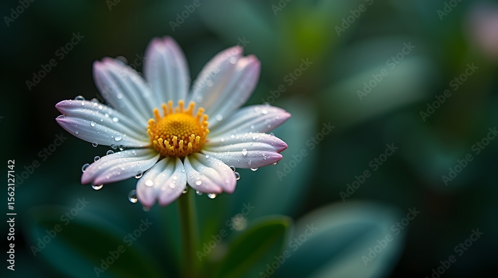 Obraz premium A beautiful white and pink daisy flower covered in fresh morning dew droplets. A delicate macro shot capturing the freshness and beauty of nature.