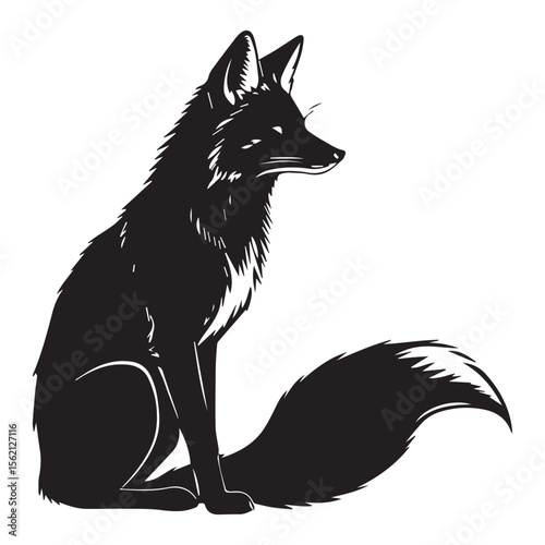 Vector art of a fox sits quietly, its fur detailed in black against a white background