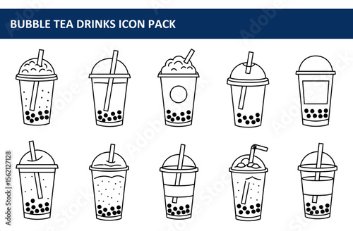 Bubble Tea Drinks Icon Pack. Various beverage variations in standard disposable cups with straws and lids.