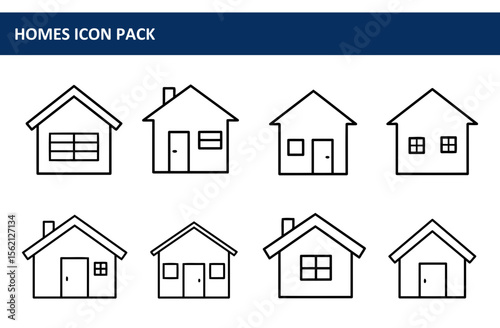 Simple outline drawings of various house styles in a set. Outlined house icons for use in a home icon pack.