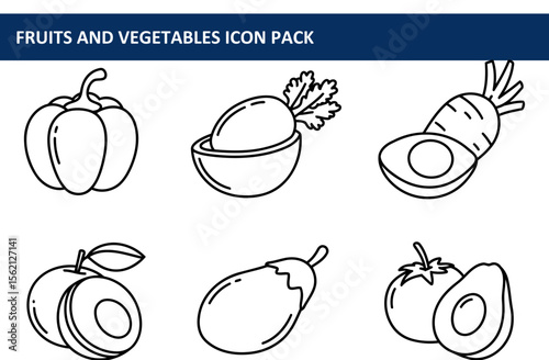 Fruits and vegetables icon set in black and white line art style. Collection of various whole and halved fruits and vegetables with simple, illustrative depictions.