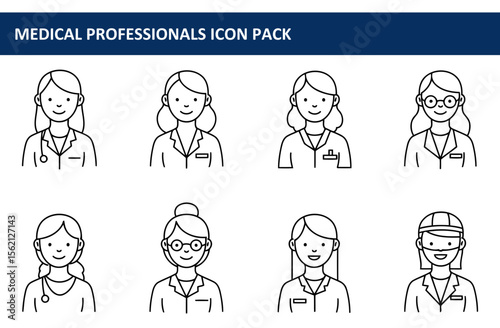 Female medical professionals in various ages and hair styles wearing lab coats, with diverse appearances in a healthcare setting.