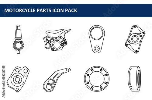 Motorcycle parts icons displayed in a clean, technical illustration. Technical drawing of various motorcycle components against a white background.