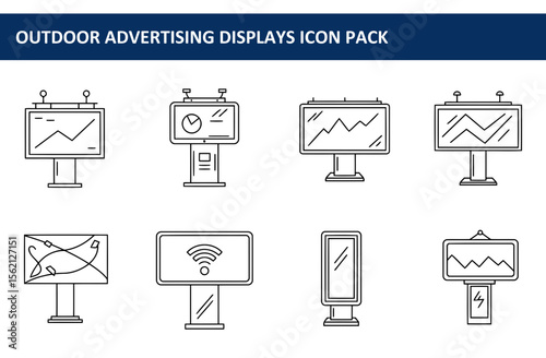 Outdoor advertising displays, various types, in a graphic design, line art style, showing different displays with graphs, maps, and wireless symbols.