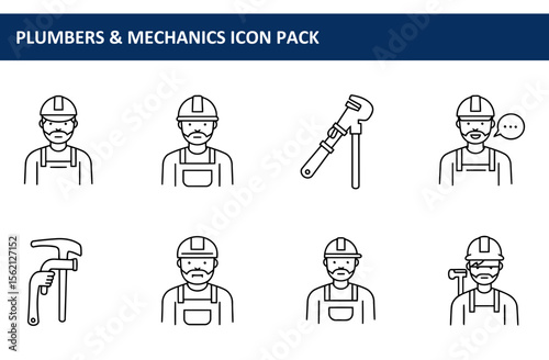 Plumber and mechanic icons in a construction setting. Male figures in work attire with tools, conveying various work-related actions.