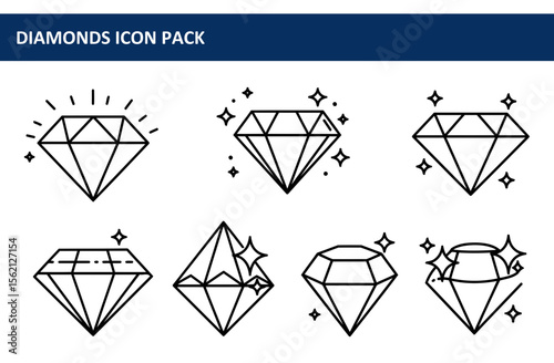 Diamond icon pack with various depictions of cut diamonds, showcasing different facets and sparkles. Elegant design elements for use in jewelry, fashion, or gemstone related projects.