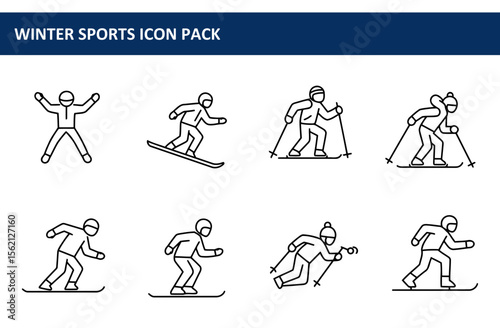 Winter sports icons of diverse skiers and snowboarders in various poses. Active winter sports enthusiasts in ski attire on a snowy landscape.
