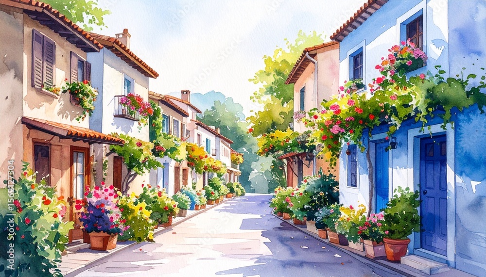 Fototapeta premium Affordable Housing Solutions Watercolor Style. Charming street scene with colorful houses and lush flowers.