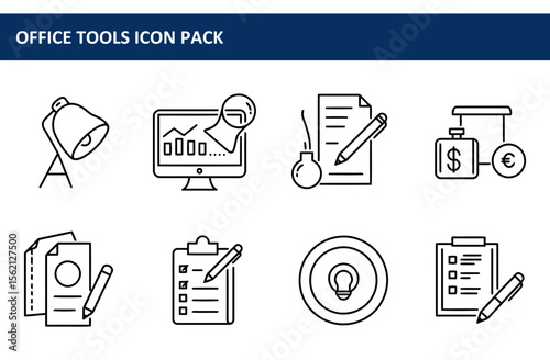 Line art icons depicting various office tools and tasks in a simple, modern style. Collection of basic office tools in a contemporary workspace setting.