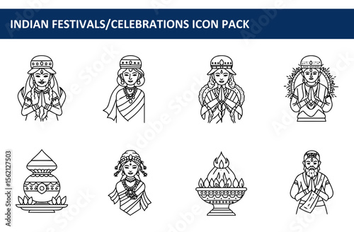 Indian festival celebration icons of women in traditional attire with various poses and religious symbols.
