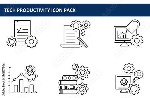 Tech productivity icons with various work-related elements. Simple line icons depicting tasks, workflow, and analysis tools in a digital context.
