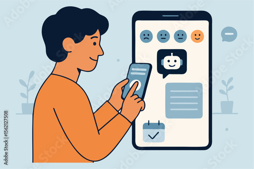 Flat Vector Illustration of a Person Using Mental Health App with Mood Tracker, AI Chatbot, and Journal in a Calm Environment