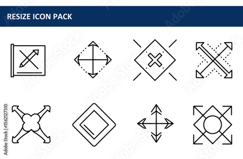 Resize icon pack showing various graphic representations of resizing with different styles and actions