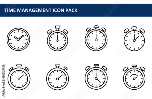 Time management icons in a variety of styles. Various analog clocks and timers in a simple line art design.