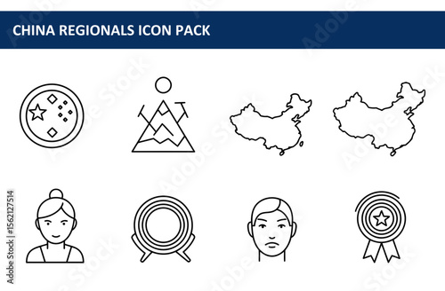 China regional icons with demographic details in a minimalist design. Simple line art representations of Chinese cultural elements and geography.