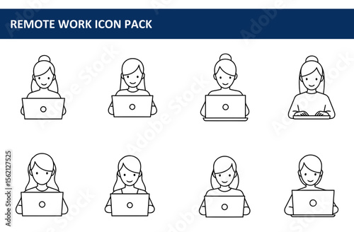 Female freelancers working from home using laptops. Flat line art icons of women working from home on laptops. Women freelancers working from home.