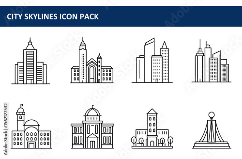 City skylines icon pack featuring various architectural structures. Simple line drawings of skyscrapers, churches, courthouses, and monuments displayed against a plain white background.
