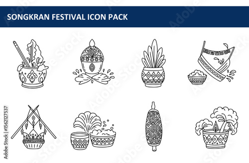 Songkran Festival icon set with various cultural elements in a white background. Collection of decorative illustrations showing traditions and symbols associated with the festival.