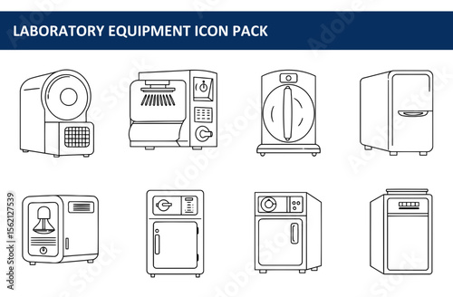 Laboratory equipment icons depicting various scientific instruments. Collection of simple, black and white illustrations of laboratory apparatus, displayed in a clean, organized grid layout.