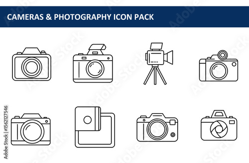Camera and photography icons in various styles. Line drawings of cameras, video cameras, and tripods.